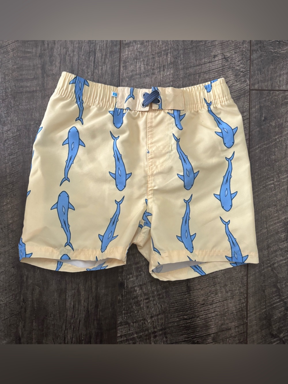 Rugged Butts Yellow Swim Shorts with Blue Shark Print